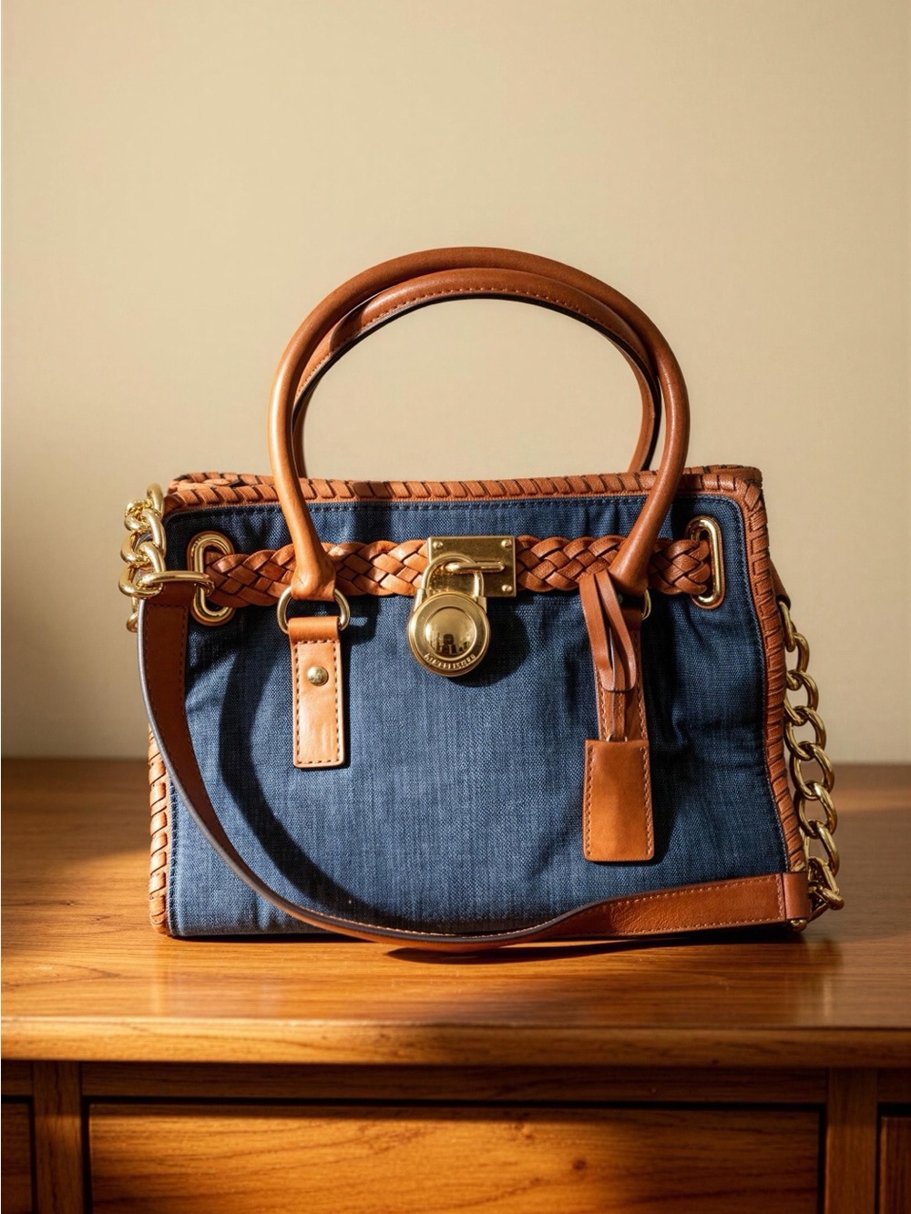 Michael Kors Denim Satchel with Brown Leather Trim and Gold Hardware